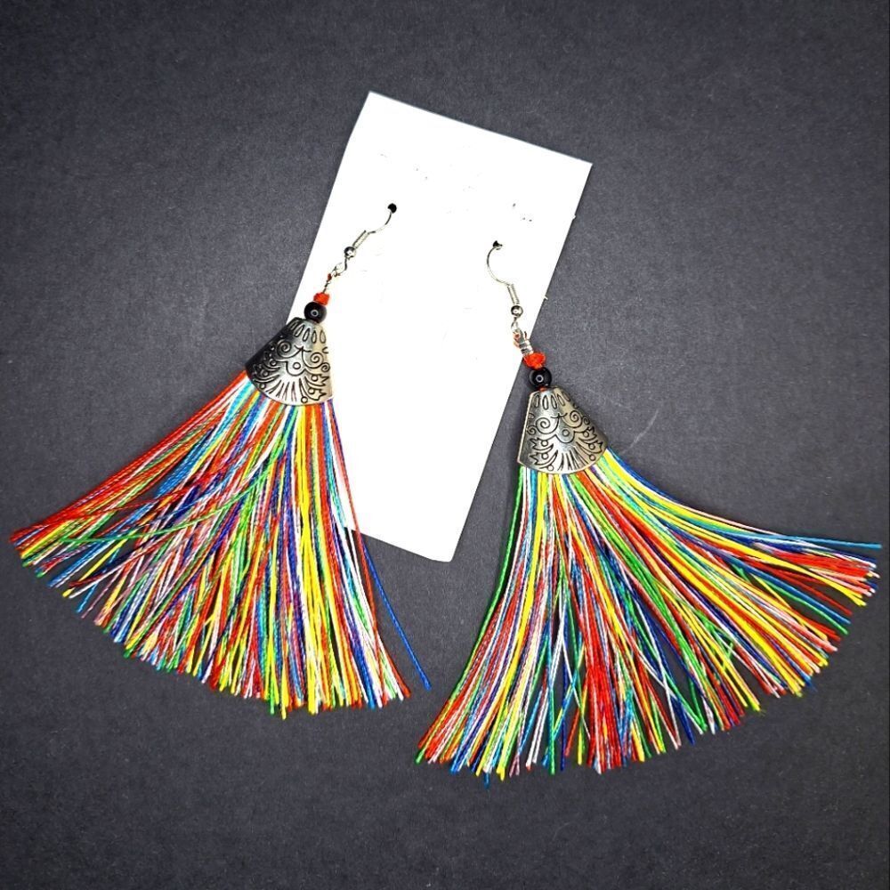 LONG colorful rainbow tassel earrings ethnic string design